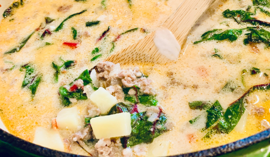 Dairy Free Zuppa Toscana in a green pot