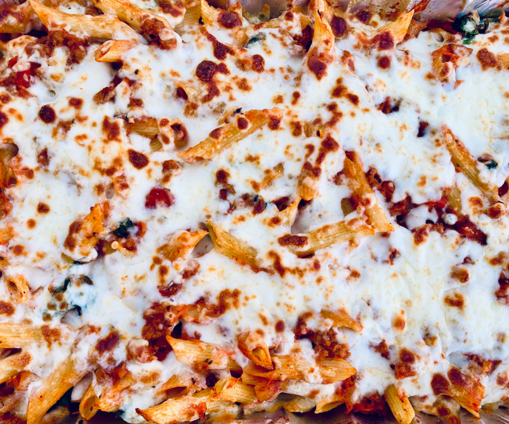 Red Sauce Penne Pasta in tin casserole dish