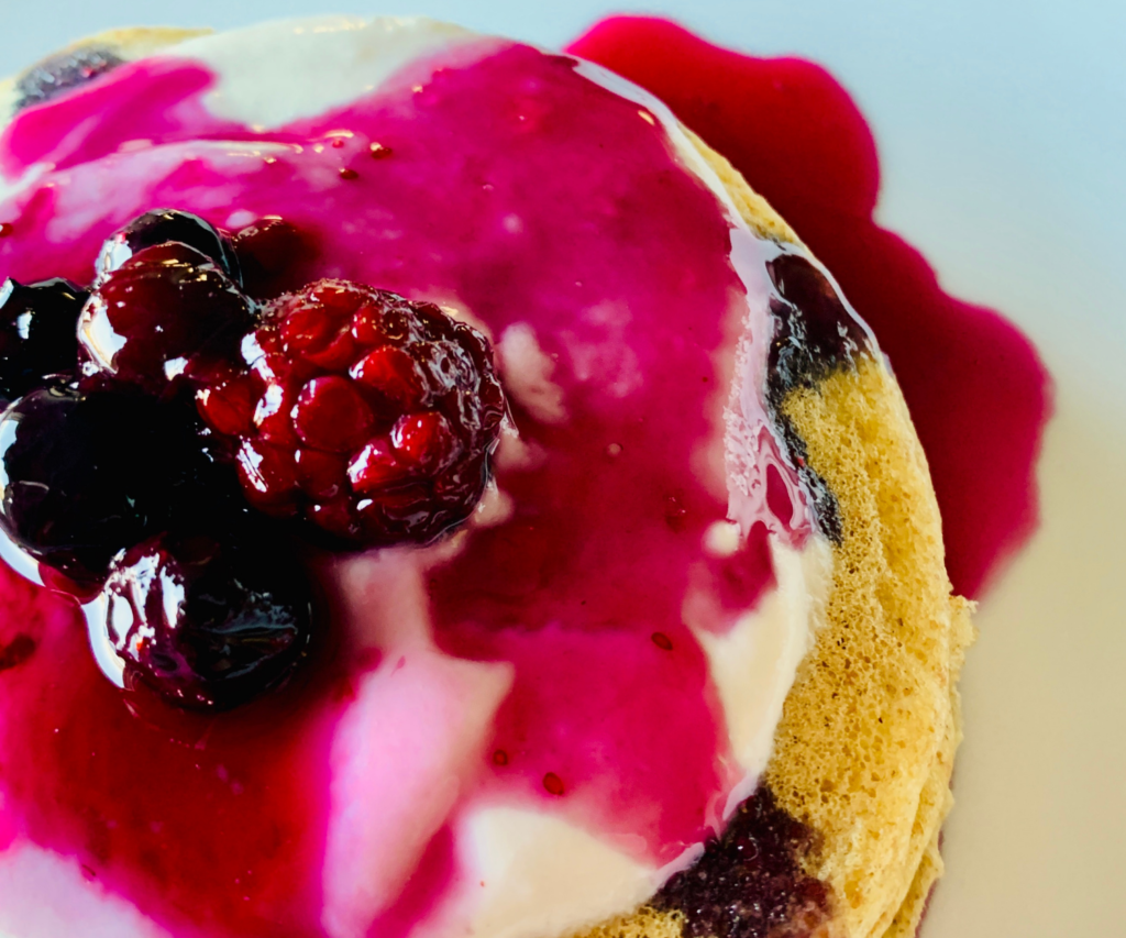 Pancakes with almond yogurt and blueberry syrup